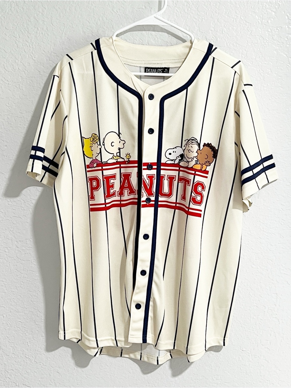 Peanuts Cream Stripes Graphic Jersey Button Down Sporty Athletic XL
